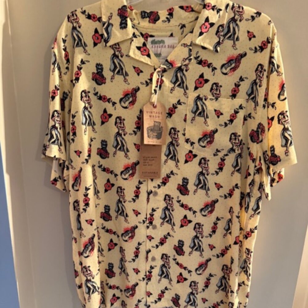 Kahuna Bay Mens Tropical Retro Hawaiian Hula Girl Ukulele Shirt - Medium